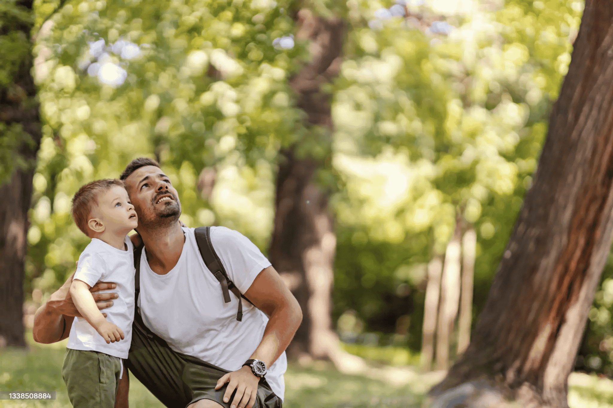 A father and son explore Botania Park in Perth, admiring towering trees and enjoying a family-friendly nature adventure.